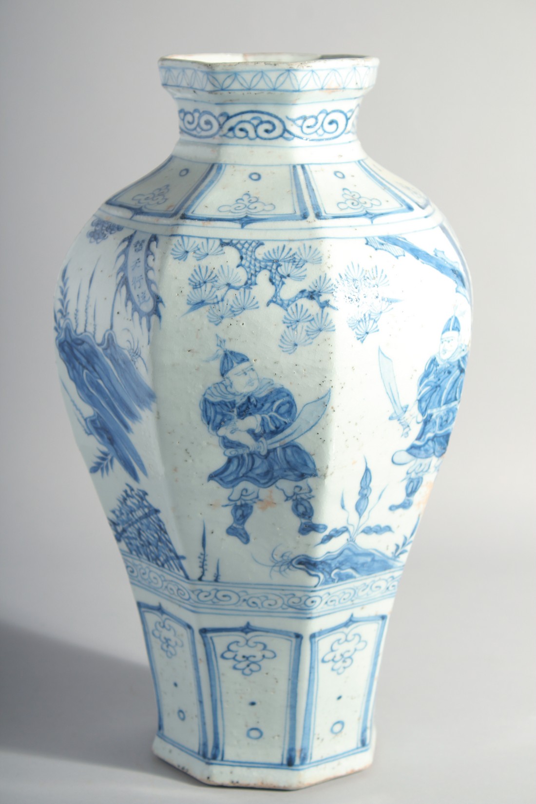 A LARGE CHINESE BLUE AND WHITE GLAZED POTTERY VASE, painted with figures and flora, 42cm high. - Image 4 of 6
