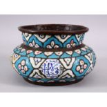 A 19TH CENTURY ISLAMIC TURKISH ENAMEL CALLIGRAPHIC BASIN, with a blue ground and panels of