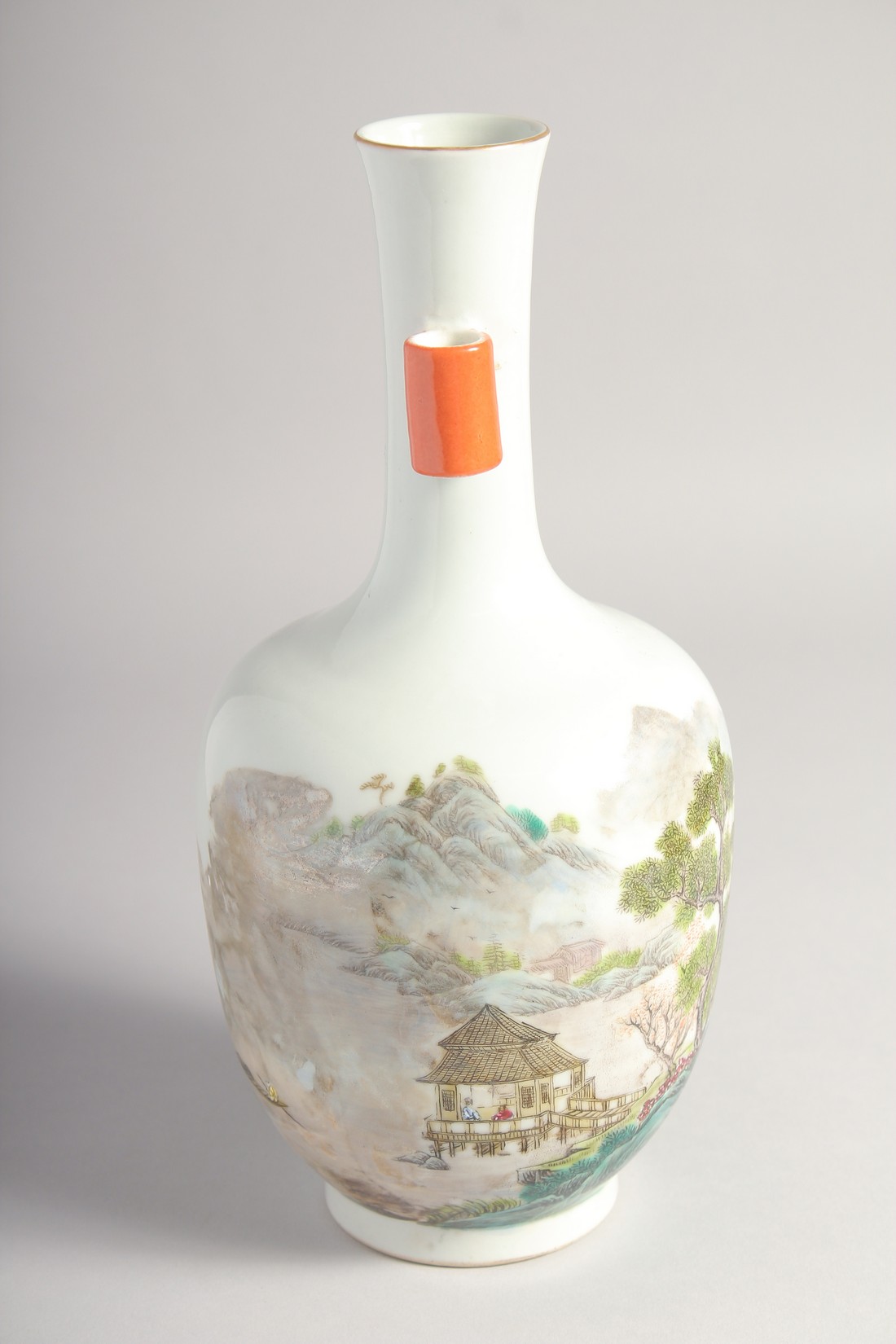 A CHINESE FAMILLE ROSE TWIN HANDLE VASE, painted with a mountainous landscape, the base with six- - Image 2 of 7