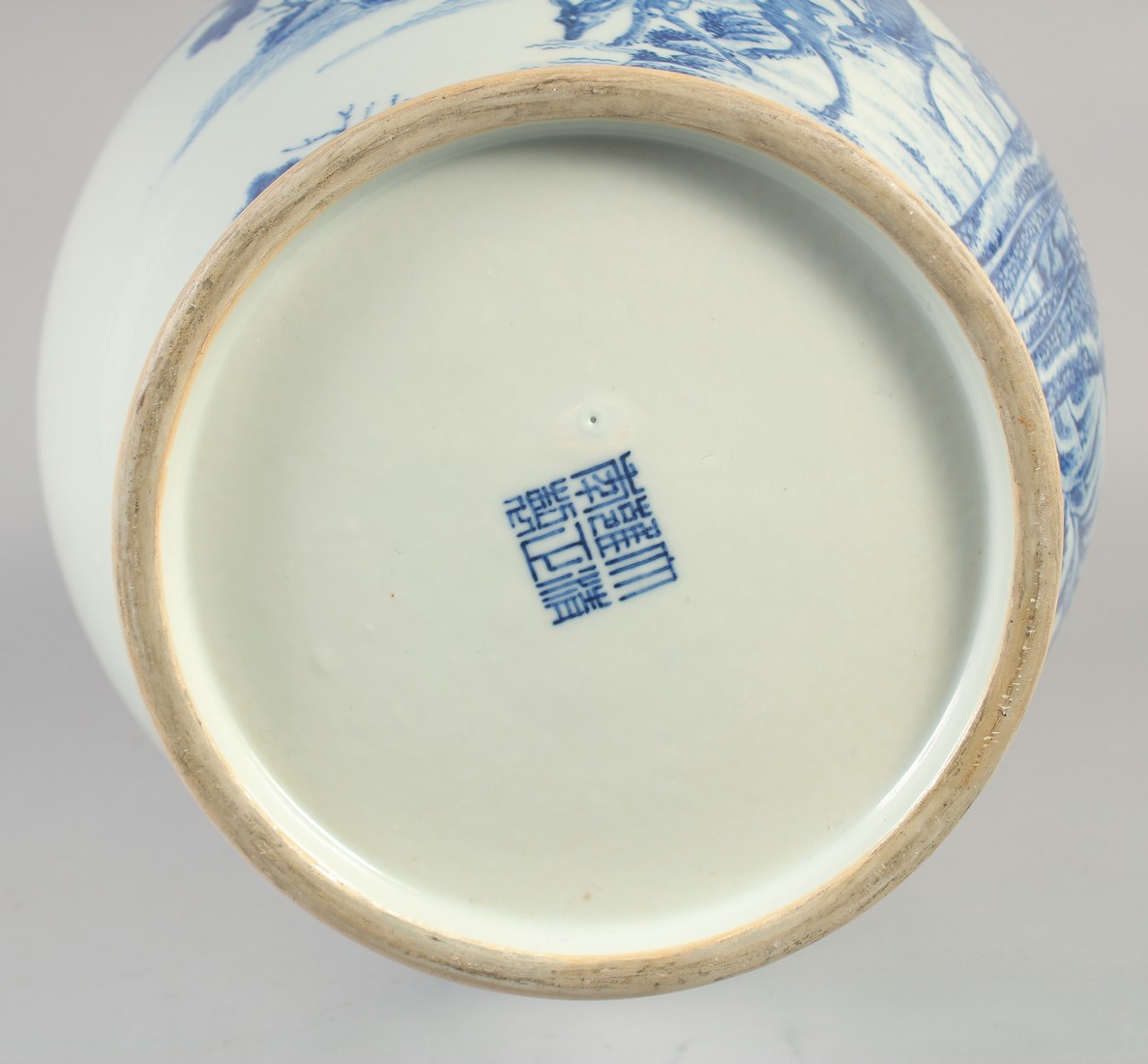 A LARGE EARLY 20TH CENTURY CHINESE BLUE AND WHITE VASE, painted with deer beside a pine tree, six- - Image 6 of 7