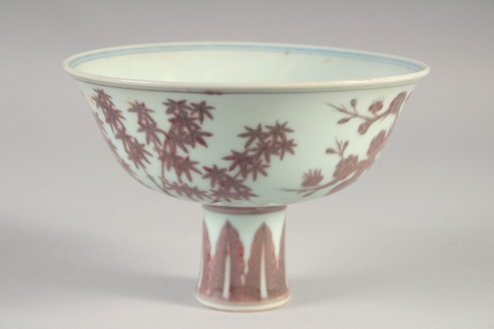 A CHINESE UNDER GLAZE RED PORCELAIN STEM BOWL, the interior with six-character mark, bowl 17cm - Image 2 of 6