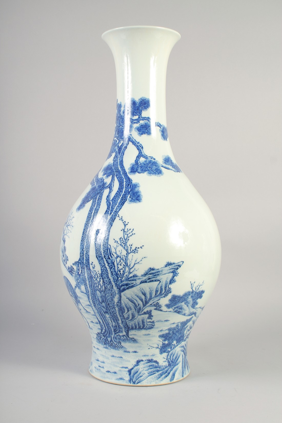 A LARGE EARLY 20TH CENTURY CHINESE BLUE AND WHITE VASE, painted with deer beside a pine tree, six- - Image 2 of 7
