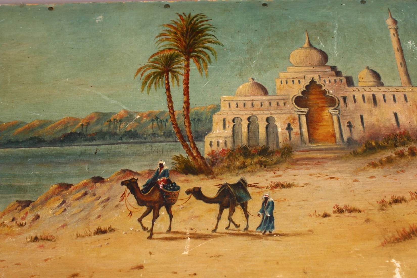A PAIR OF 20TH CENTURY ISLAMIC ORIENTALIST PAINTING ON WOOD, each depicting a native waterside - Image 2 of 5