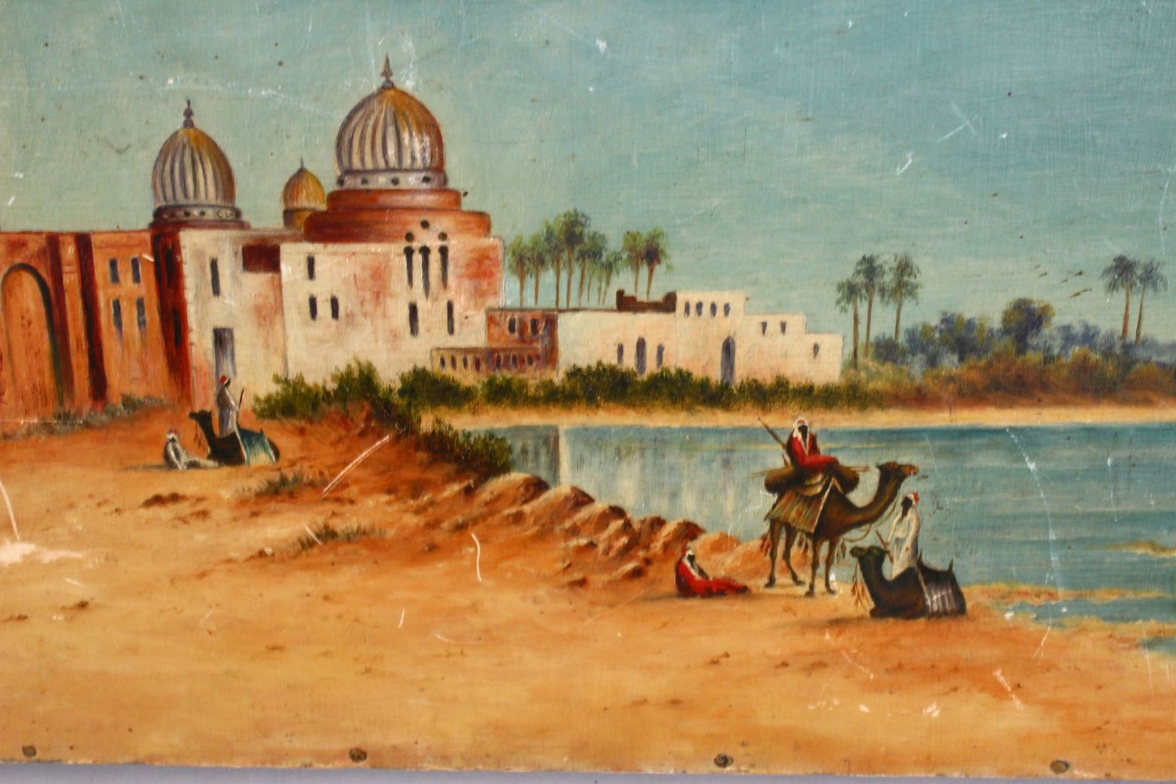 A PAIR OF 20TH CENTURY ISLAMIC ORIENTALIST PAINTING ON WOOD, each depicting a native waterside - Image 3 of 5