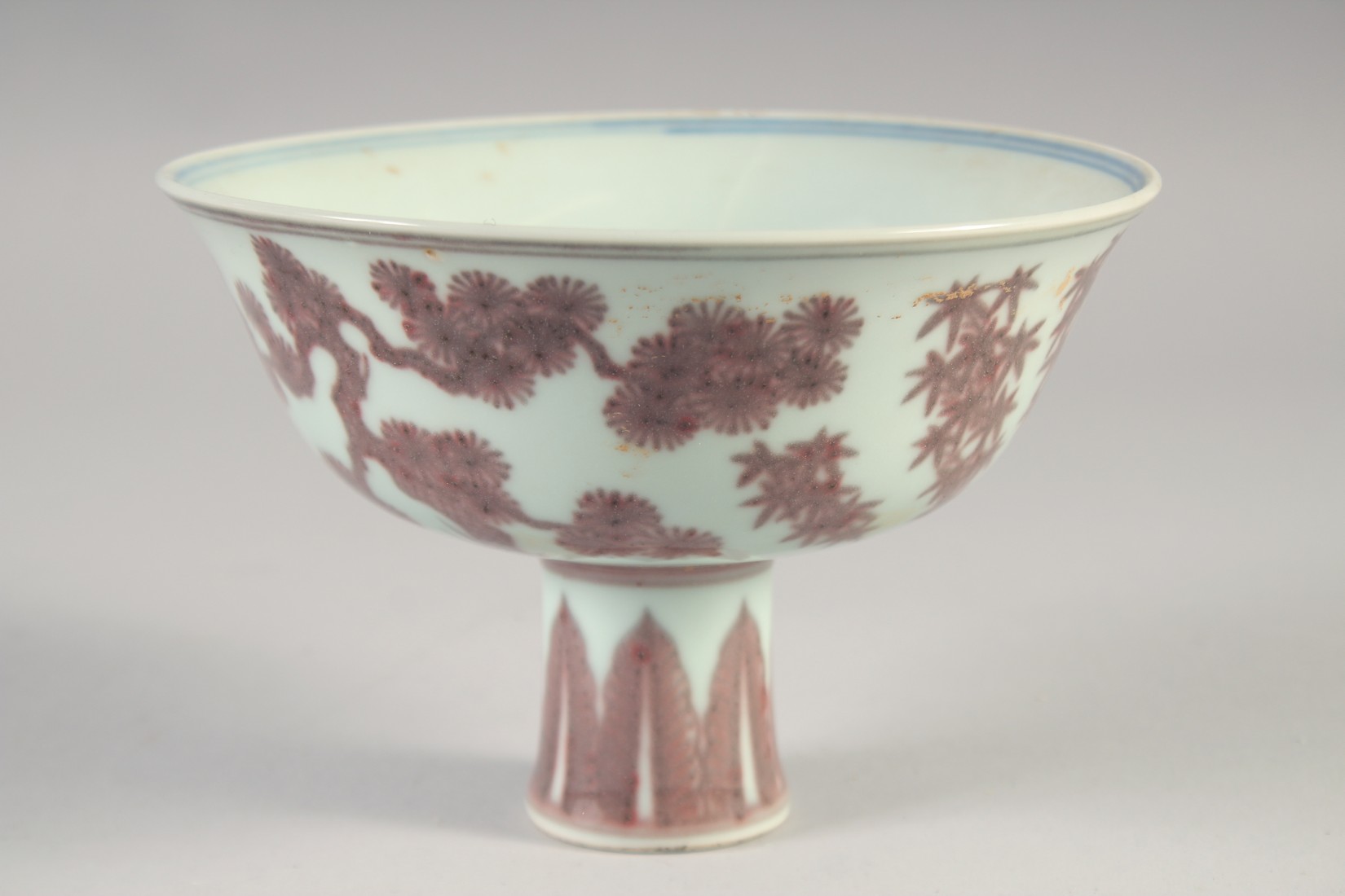 A CHINESE UNDER GLAZE RED PORCELAIN STEM BOWL, the interior with six-character mark, bowl 17cm - Image 3 of 6