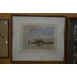 Coastal landscape with moored fishing boats, watercolour.