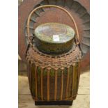 A lacquer and bamboo container together with an Indian enamelled brass dish.