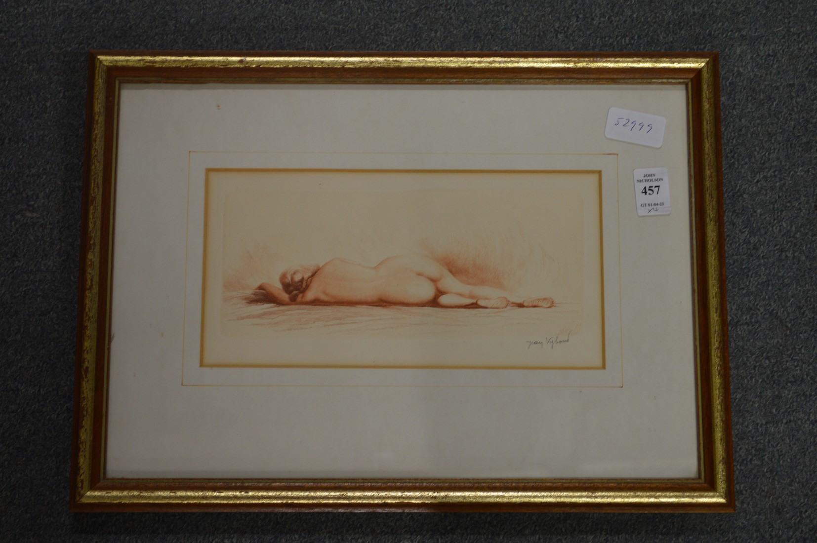 Reclining female nude, pencil signed print and three other pictures.