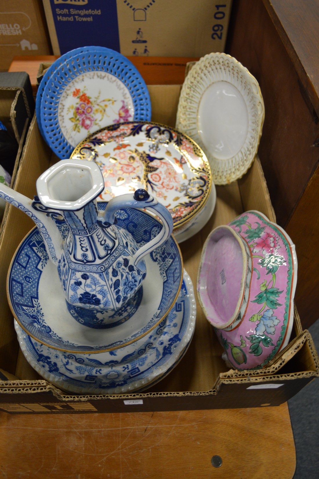 Blue and white and other decorative china.