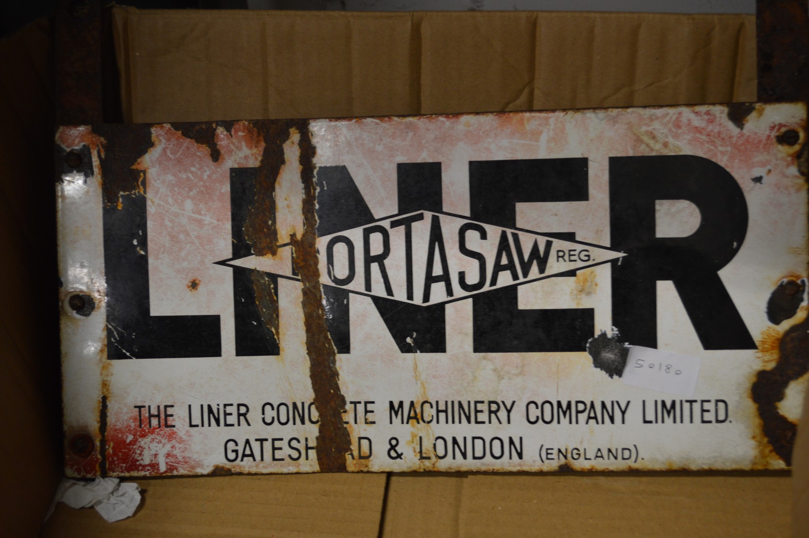 An old desk fan, desk lamp and two enamel signs. - Image 4 of 5