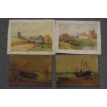 Two small oil on boards depicting sailing ships and two watercolour studies, all unframed.