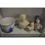 Decorative items to include resin busts, blue and white jardiniere.
