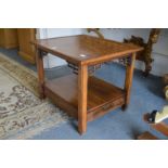 A pair of Chinese style elm two tier single drawer lamp tables.