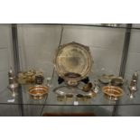 A good plated salver, pair of plated bottle coasters and other plated wares.