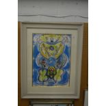 In the manner of Chagall, colourful print depicting musical instruments and other items.