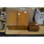 An Edwardian oak table top stationery casket together with a small box.