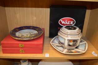 Two Spode maritime collectors plates together with a Wade collectors plate and matching jar and