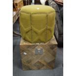 An Oka upholstered foot stool and a reclaimed wood storage box.