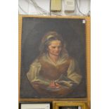 Manner of Nogari, portrait of a lady reading a book, oil on canvas, unframed.
