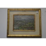 A rural hilly landscape, oil on board, in a decorative gilt frame.