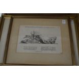 Two engravings and a watercolour depicting a large mansion.