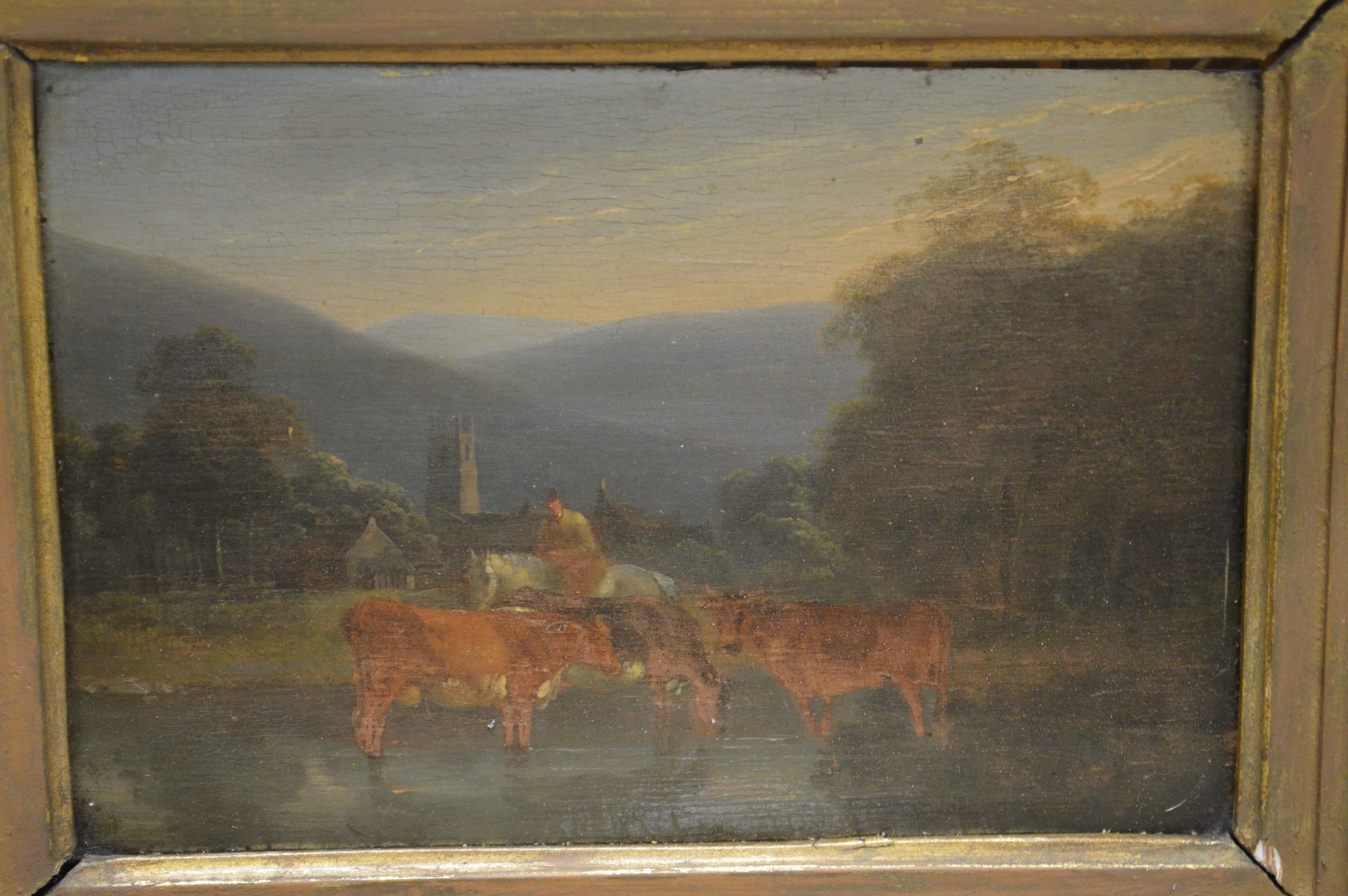 19th century English school, Cattle watering in a pond, oil on oak panel, in a decorative gilt - Image 2 of 2