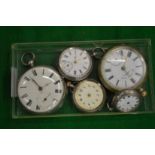 A silver cased pocket watch, three ladies silver cased pocket watches and a plated pocket watch.