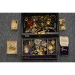 A good leather jewellery box and contents to include Victorian and Edwardian jewellery and other