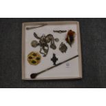 An Eastern silver necklace, Chinese coin, silver propelling pencil, two brooches etc.