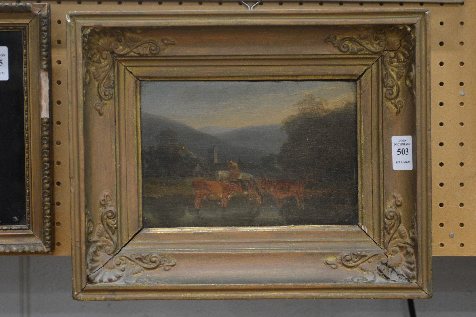 19th century English school, Cattle watering in a pond, oil on oak panel, in a decorative gilt