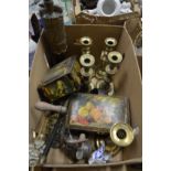 Brass candlesticks, collectors tins, trench art etc.