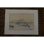 Coastal landscape with figures in boats, watercolour, signed and dated, unframed.