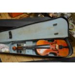 A cased violin.