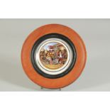 A PORCELAIN POT LID, THE PARISH BEADLE 4ins diameter. Framed