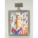 A VICTORIAN STYLE WHITE METAL SCENT BOTTLE WITH AN AMERICAN GLAMOUR MODEL, 7 cm.