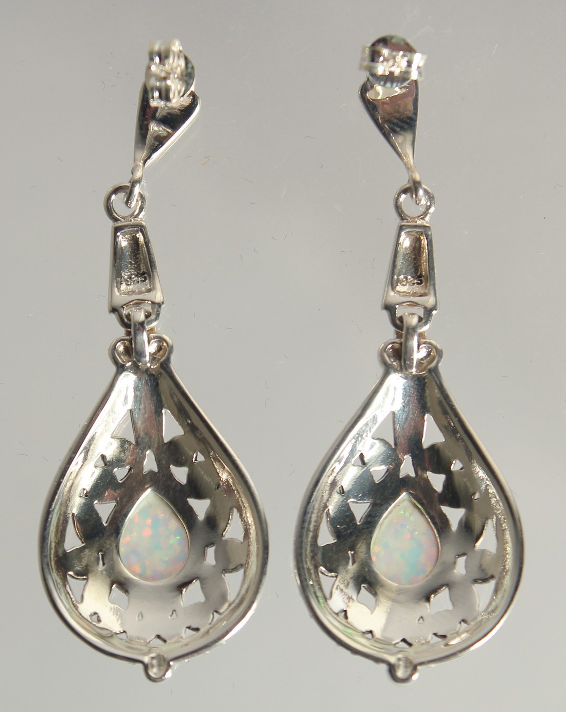 A PAIR OF SILVER AND OPAL DROP EARRINGS. - Image 2 of 2