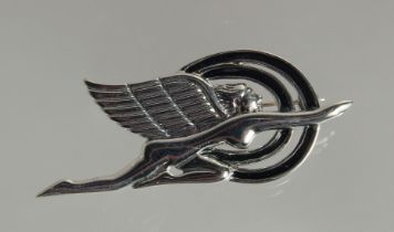 A PAIR OF SILVER ART DECO DESIGN FLYING LADY BROOCH.
