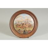 A PORCELAIN POT LID, A RACE OR DERBY DAY, 4ins diameter, framed.