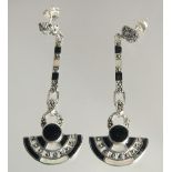 A PAIR OF SILVER ART DECO DESIGN ONYX AND OPAL DROP EARRINGS.