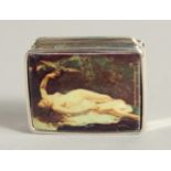A SILVER AND ENAMEL NUDE PILL BOX, 1.25".