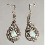 A PAIR OF SILVER AND OPAL DROP EARRINGS.