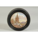 A PORCELAIN POT LID, ALBERT MEMORIAL 4ins diameter. Framed