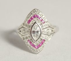 A SILVER DECO STYLE RING WITH CUBIC ZIRCONIA AND RUBY.