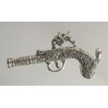 A SILVER NOVELTY PISTOL WHISTLE, 2.5" LONG.