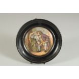 A PORCELAIN POT LID, UNCLE TOBY, 4ins diameter, framed.