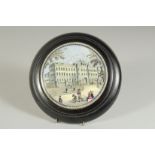 A PORCELAIN POT LID, BUCKINGHAM PALACE KIRKHAMS LTD. 5ins diameter, framed.