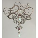A SILVER NECKLACE WITH OPALS RUBY AND PEARL.