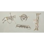 FOUR SILVER NOVELTY HUNTING STICK PINS.