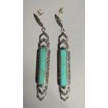 A PAIR OF SILVER TURQUOISE AND MARCASITE DROP LONG EARRINGS.