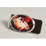 A SILVER AND ENAMEL LADY AND THE SWAN MONEY CLIP.